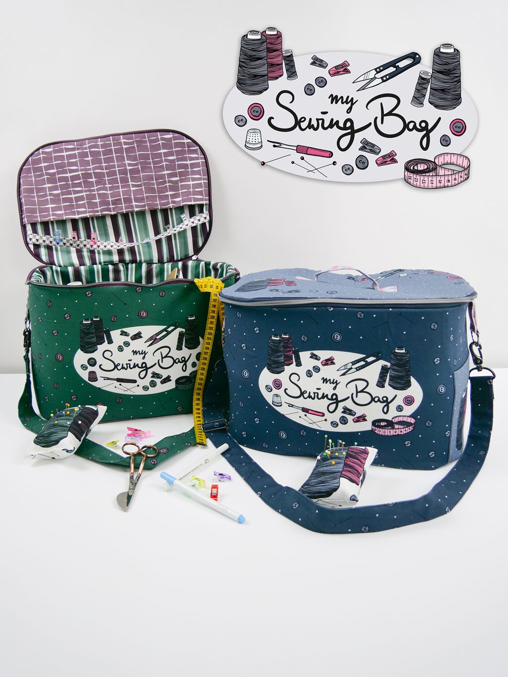 Canvas - Taschen Panel - My Sewing Bag - 165cm x 150cm  - Grün/Lila