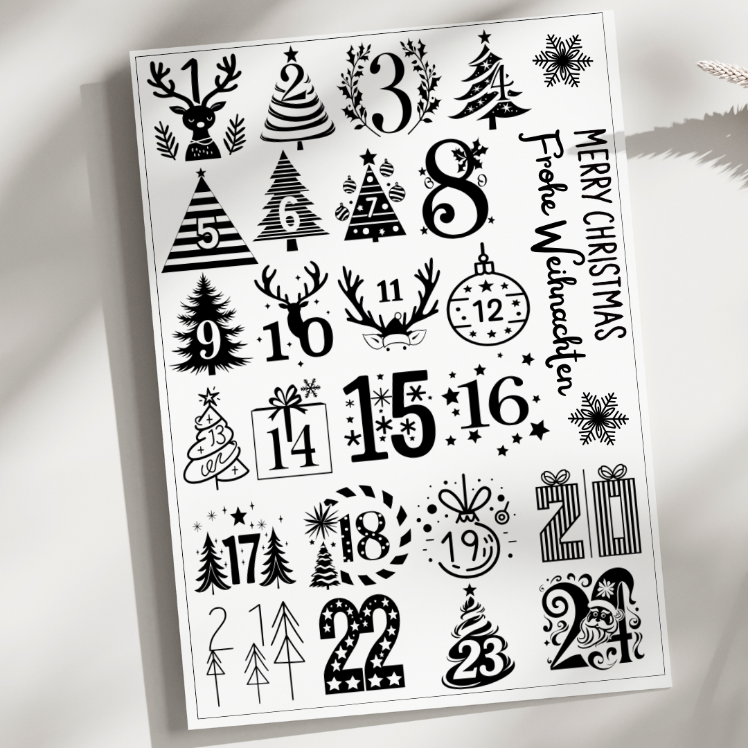 UV Sticker - Rubbelsticker - Handmade - Adventskalenderzahlen Weihnachten - 15,9cm x 22cm